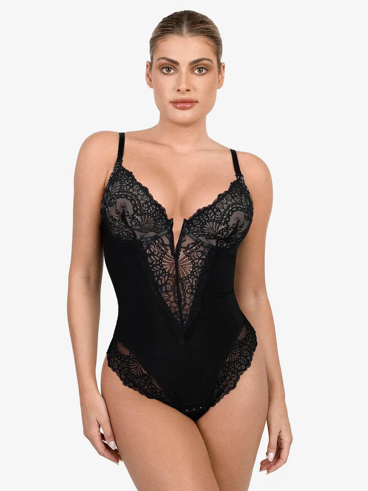 KANTEN BODYSUIT MET DIEPE V-HALS