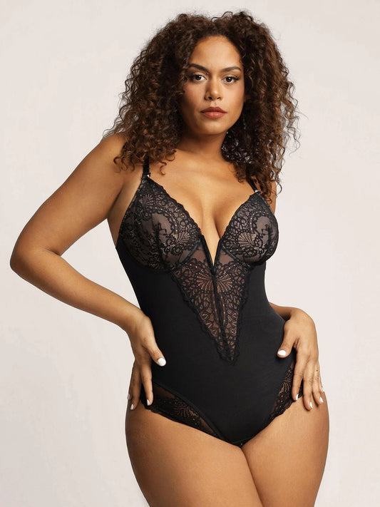 KANTEN BODYSUIT MET DIEPE V-HALS